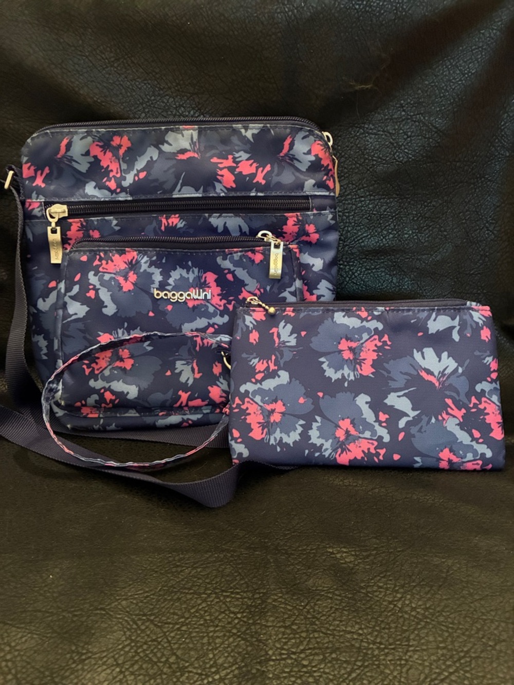 Baggallini Navy Floral Crossbody with Pink Accents and Matching Wristlet.
